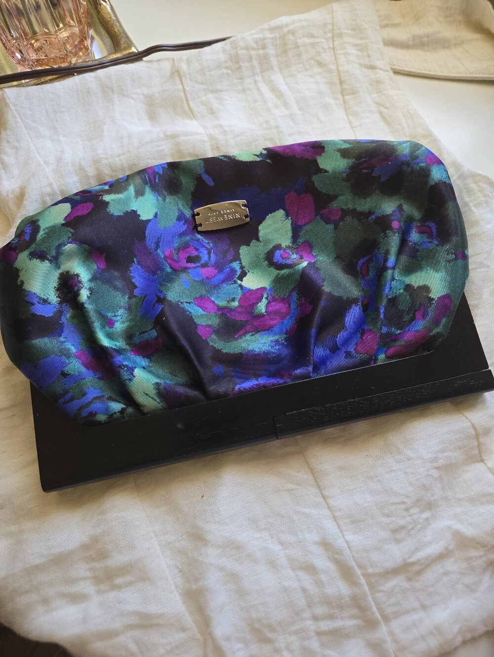 Nine West Satin Floral Clutch in Black, Green & Purple - Picture 7 of 7